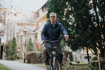 Active senior man enjoying a relaxing bike ride in urban park setting.