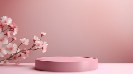 Product podium stage with spring branch of blossom tree on pastel pink color background, mock up for product presentation