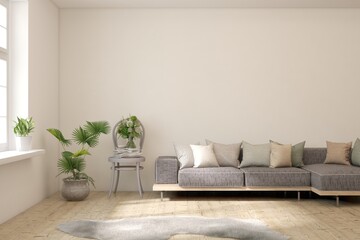 White scandinavian interior design with sofa. 3D illustration
