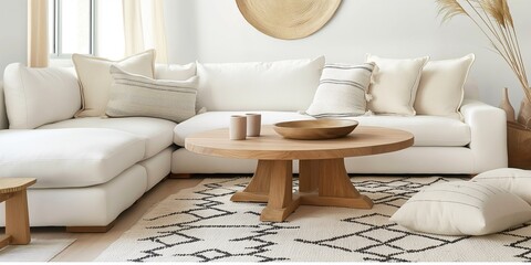 A modern feel is achieved in this light-filled Scandinavian living room by adding subtle, natural decor elements and geometric-patterned rugs to the sleek, round wood coffee table that sits in front o