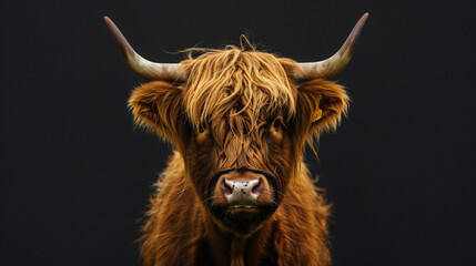 Brown hairy Highland cow front view portrait