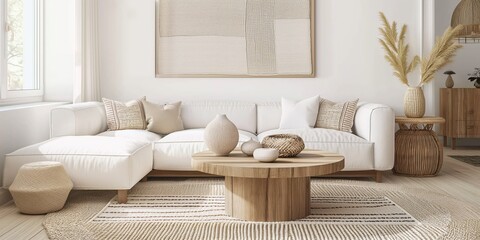 A modern feel is achieved in this light-filled Scandinavian living room by adding subtle, natural decor elements and geometric-patterned rugs to the sleek, round wood coffee table that sits in front o