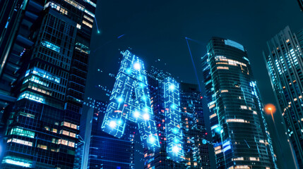 Digital AI hologram projecting over skyscrapers at night