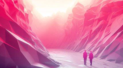 A lone figure in red walks amidst surreal, pink and white snowy mountains