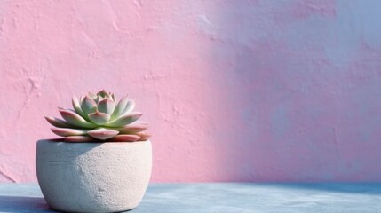 Succulent with soft pink painted concrete wall background. Negative space. Free space for text. Generative AI