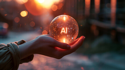 Hand holding crystal ball with AI text on a bokeh lights background - obrazy, fototapety, plakaty