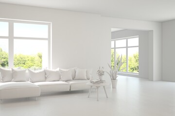 Grey living room concept with sofa and summer landscape in window. Scandinavian interior design. 3D illustration