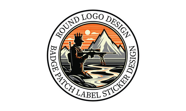Round design with sniper, rifle, mountain design logo 