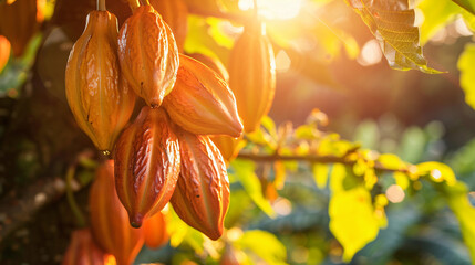Cacao harvesting theme. Orange color cocoa pods