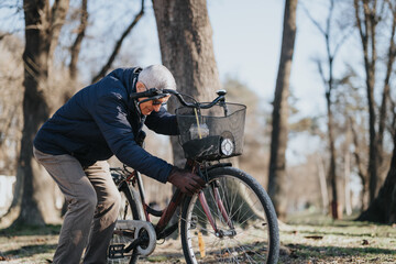 Fototapeta premium Elderly man with glasses outdoors adjusting his bike on a bright, sunny day in the park, representing an active and healthy lifestyle.