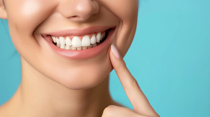 Obraz premium Dentistry, Woman with beautiful teeth. Close-up photo. Woman with beautiful teeth. Pointing finger at his own bright smile. Advertising image.