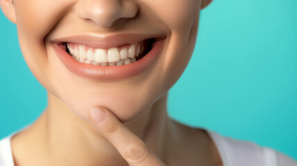 Obraz premium Dentistry, Woman with beautiful teeth. Close-up photo. Woman with beautiful teeth. Pointing finger at his own bright smile. Advertising image.