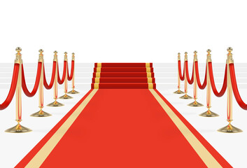Red carpet on stairs with red ropes on golden stanchions. Png clipart isolated on transparent background - 755918961