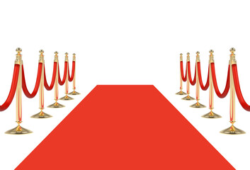 Red carpet on stairs with red ropes on golden stanchions. Png clipart isolated on transparent background