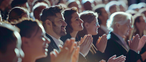 Applause. Happy business people as the audience at a seminar with support or motivation. Smiling team and staff are clapping for success, deal, or celebration in a workshop or conference