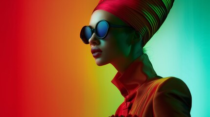 Bright fashion portrait of a woman in stylish sunglasses. Colorful, rich colors, unusual image. Fashion and beauty.