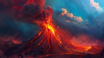 Majestic Volcanic Eruption: A Vivid Display of Molten Lava and Billowing Smoke Amidst Mountainous Terrain	