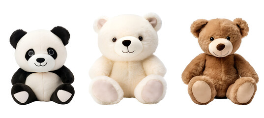 Fototapeta premium Adorable Set of 3D Stuffed Toy Bears: Panda, Polar Bear, and Teddy, Isolated on Transparent Background, PNG