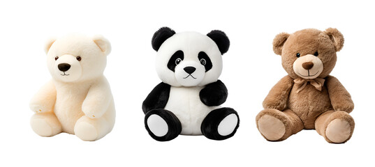 Cute 3D Stuffed Toy Bears Set: Panda, Polar Bear, and Teddy, Isolated on Transparent Background, PNG