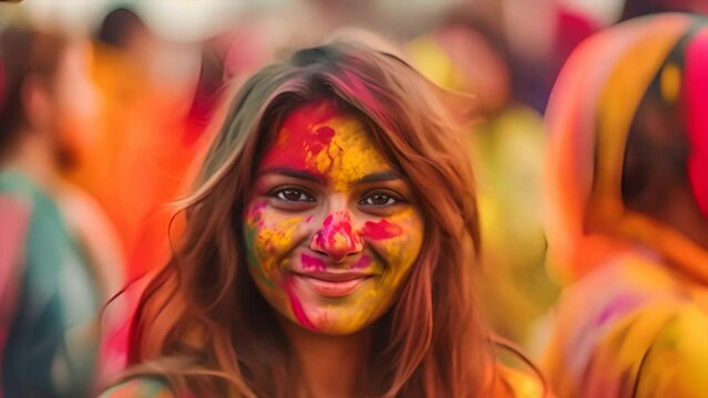 Beautiful Woman at holi festival with colorful paint on face