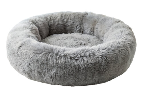 Grey round plush pet bed isolated on a transparent background.