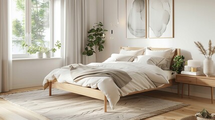 Modern Minimalist Bedroom Interior with Natural Light, Wooden Furniture, and Neutral Tones