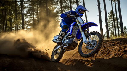 Motorcycle racer. Off-Road Race bike in action in the forest
