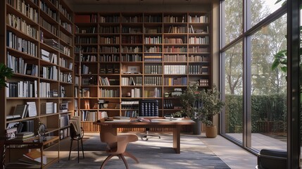 Modern Home Library with Natural Light, Spacious Wooden Bookshelves, and Cozy Reading Area