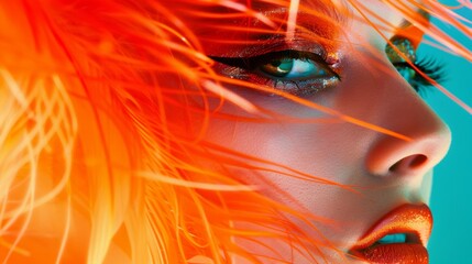 Fototapeta premium Bright fashion portrait of a woman. Colorful, rich colors, unusual image. Fashion and beauty.
