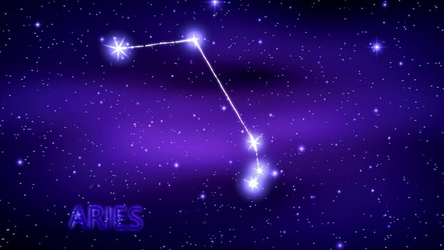 Animation of the Aries zodiac sign in the cosmic night sky.
The Aries zodiac sign is a constellation of bright stars connected by luminous lines. Constellation and horoscope symbol. Astronomy.