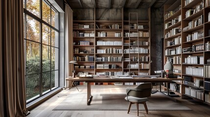Modern Home Library Interior with Natural Light, Spacious Wooden Bookshelves, and Contemporary Furniture
