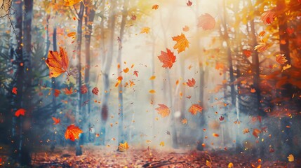 “Enchanting Autumn Forest with Vibrant Foliage and Falling Leaves”	
