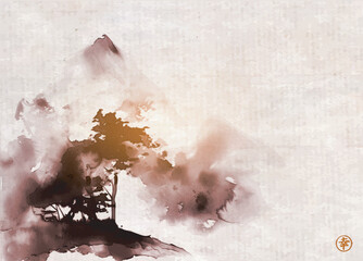 Misty mountain with forest trees. Traditional Japanese ink wash painting sumi-e on vintage background. Hieroglyph - happiness - 755919982