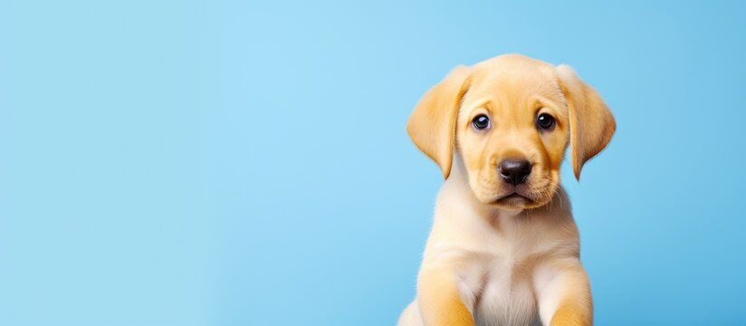 A fawncolored puppy from the Sporting Group is sitting on a blue background, its carnivore snout and whiskers facing the camera as a potential companion dog or working animal