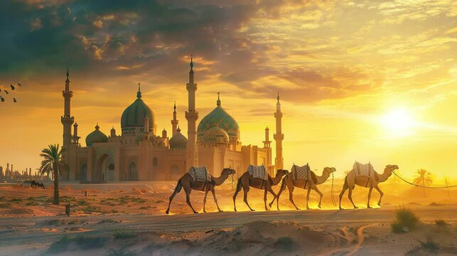 a group of camels walking home when dusk falls. seamless looping time-lapse virtual 4k video Animation Background.