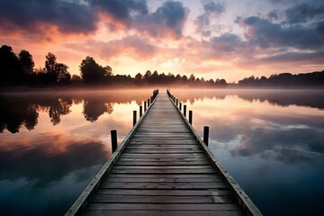 A pier extending into a calm lake in the afternoon - obrazy, fototapety, plakaty