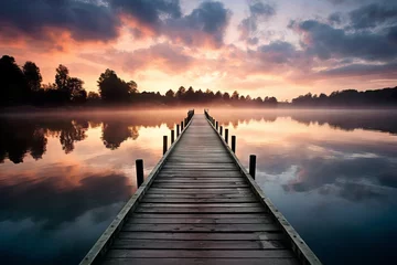 Foto op Canvas A pier extending into a calm lake in the afternoon © KerXing