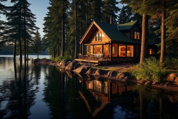 Fototapeta na wymiar A peaceful lakeside cabin surrounded by tall pines