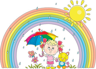 Obraz na płótnie Canvas Little girl with her funny toy cat holding a beautiful striped umbrella over a small butterfly on a flower and saving it from summer rain, black and white outline vector cartoon illustration