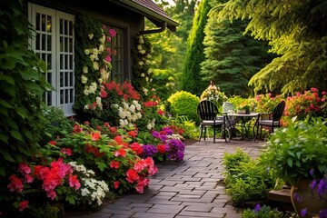 Fototapeta na wymiar A tranquil garden with vibrant afternoon flowers
