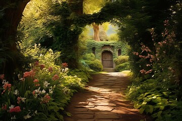 A tranquil countryside path leading to a secret garden