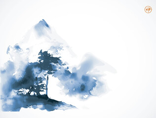 Blue misty mountain with forest trees. Traditional Japanese ink wash painting sumi-e. Hieroglyph - spirit