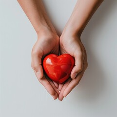 Hands holding red heart on white background. Health care or donate concept. World heart day