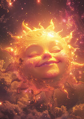 A smiling sun amidst a cosmic backdrop, surrounded by stars and planets