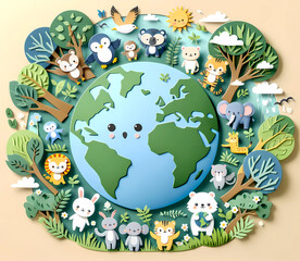Paper cut art in Earth day Joyful cute animals, and trees within a sustainable planet 