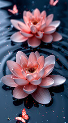 Pink lotus flowers bloom amidst dark waters, surrounded by glowing butterflies.