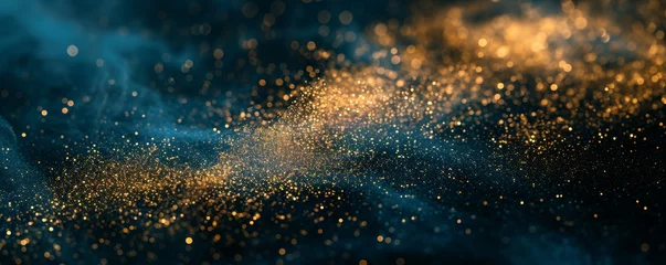 Foto op Canvas Abstract smoke background featuring hues of blue and green is embellished with shimmering gold particles, accompanied by delicate highlights and soft blurs, creating a mesmerizing visual composition. © Evgeniia