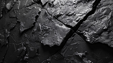 A close-up, monochromatic image of a cracked and textured surface, resembling dry, broken ground.
