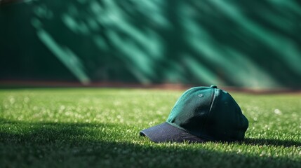 A baseball cap resting atop a vibrant green field, inviting you to take a stroll in the lush expanse - obrazy, fototapety, plakaty