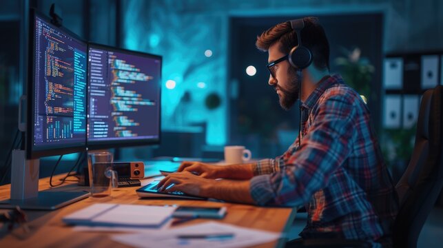 A software developer works on code late into the night, illuminated by the glow of multiple computer screens in a modern office. AIG41